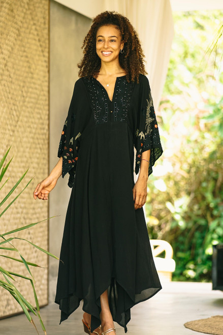 Black Polyester Handkerchief Hem Embroidered Dress 'Dazzling Midnight'