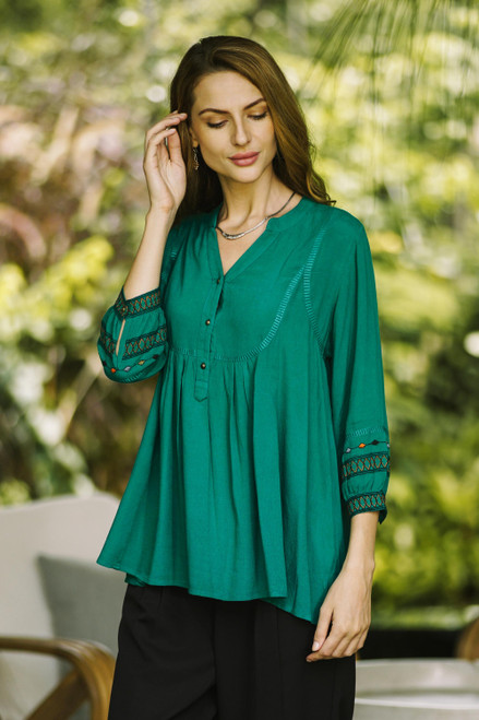 Embroidered Green Viscose Tunic 'Viridian Beauty'
