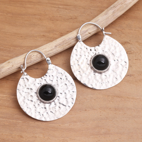 Hammered Sterling Silver Hoop Earrings with Black Onyx Stone 'Round Shadow'