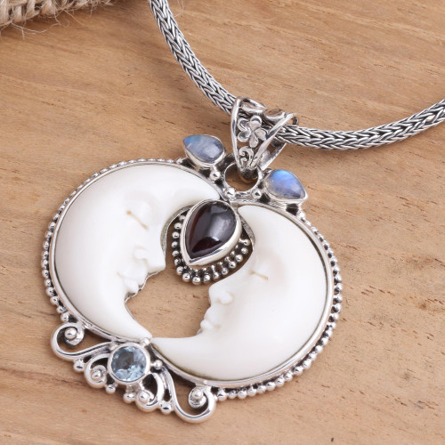 Multi-Gemstone Moon Pendant Necklace 'Moon Courtship'