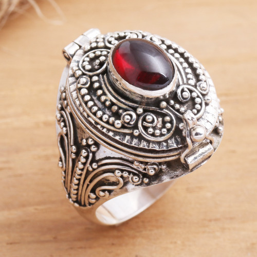 Garnet cabochon Locket Sterling Silver Cocktail Ring 'The Secret in Red'