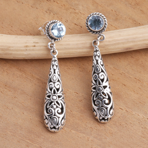 Balinese Blue Topaz and Sterling Silver Earrings 'Flower Pendulum'