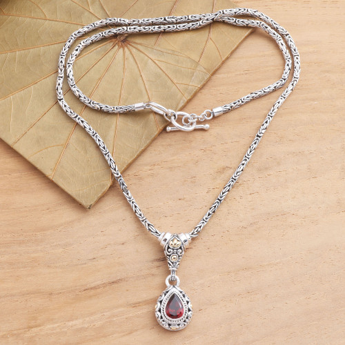 Gold Accented Sterling Silver Garnet Pendant Necklace 'Alluring Danger in Red'