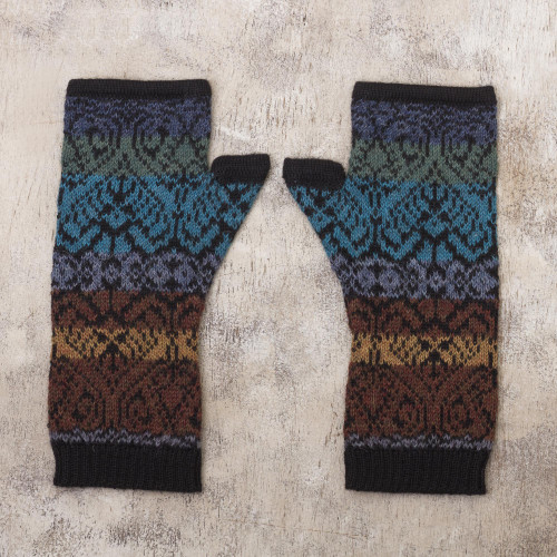 Inca Inspired Alpaca Knit Fingerless Mitts 'Earth and Sky'