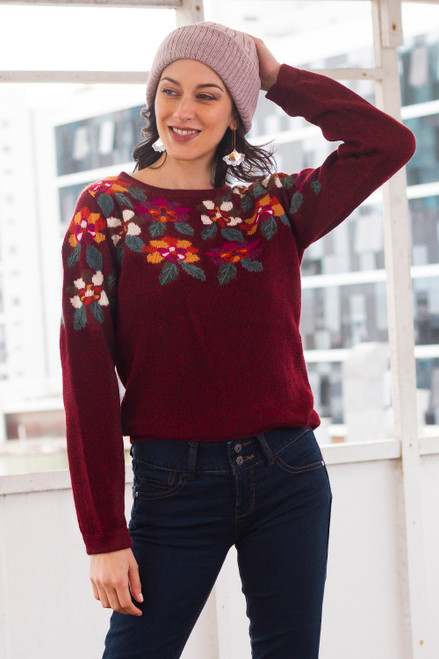 Burgundy Floral Intarsia Knit 100 Alpaca Sweater 'Burgundy Garden'