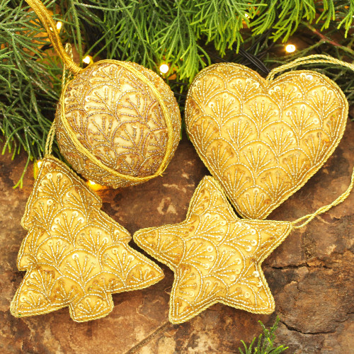 Embellished Gold Satin Christmas Ornaments Set of 4 'Golden Christmas'