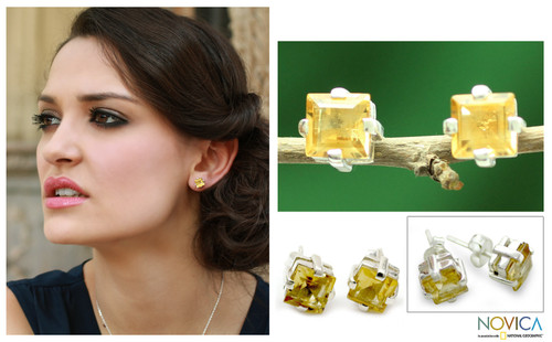 Sparkling Citrine Stud Earrings from India 'Golden Charm'