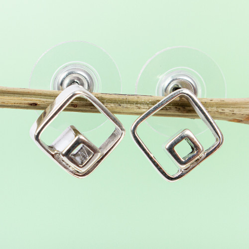 Artisan Made Modern Taxco Sterling Silver Stud Earrings 'Diamond Duo'