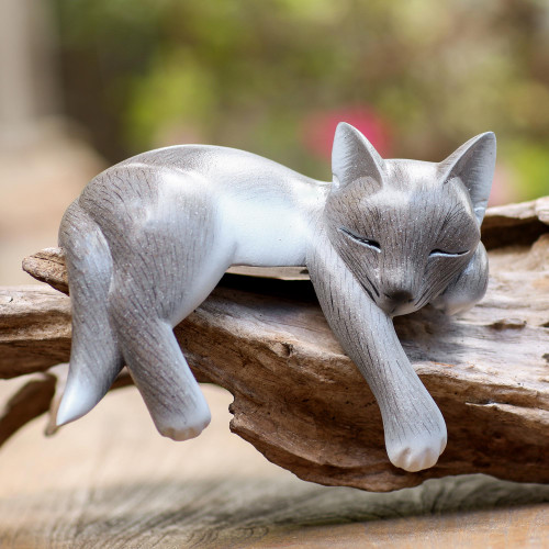 Hand Carved Suar Wood Cat Statuette 'Wood statuette, 'Lounging Cat'