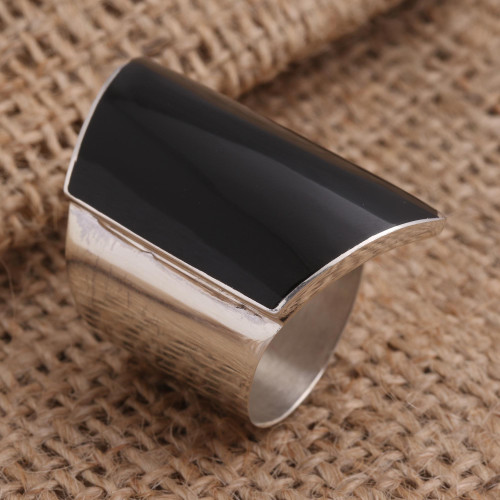 Black Resin and Sterling Silver Chunky Cocktail Ring 'Black Trapeze'