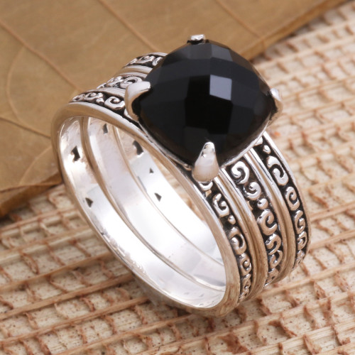 Checkerboard Faceted Onyx Sterling Silver Cocktail Ring 'Buddha's Curls in Black'
