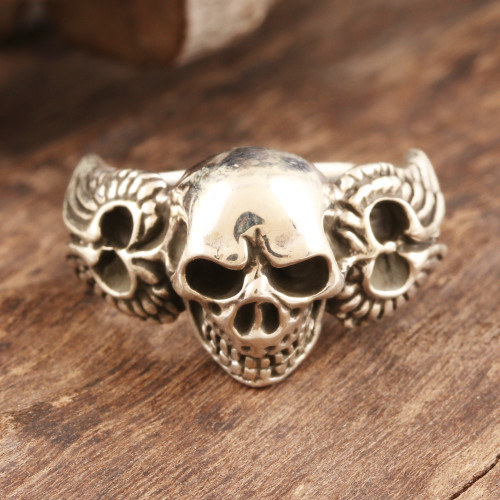 Unisex Handcrafted Sterling Silver Winged Skull Ring 'Skull On Wings'