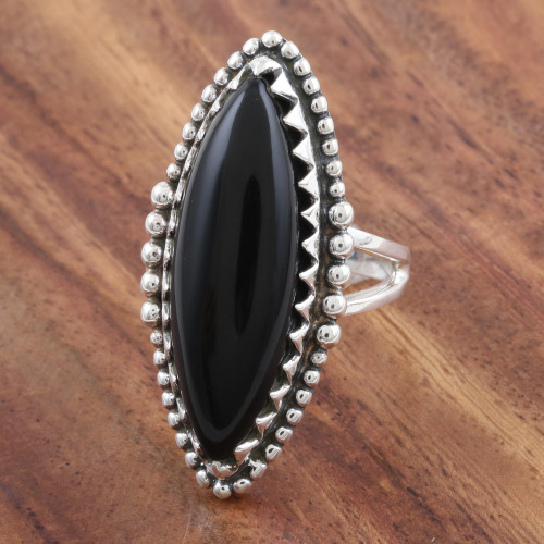 Marquise Bezel Set Black Onyx Cabochon Cocktail Ring 'Regal Royal'