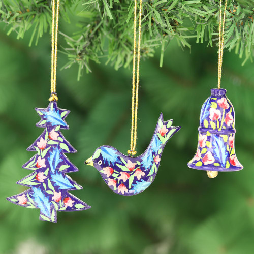 Hand-Painted Floral Ornaments Set of 3 'Festive Flowers'