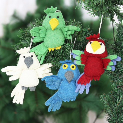 Set of 4 Wool Felt Bird Ornaments 'Feathered Friends'