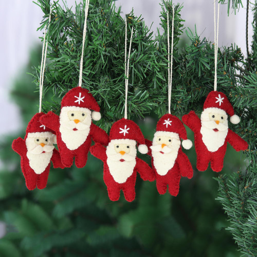 Set of 5 Wool Felt Santa Ornaments 'Santa Dance'