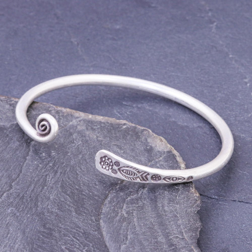 Thai Handmade Sterling Silver Cuff Bracelet 'Fish and Flowers'