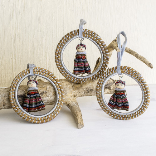 Guatemalan Handmade Pine Needle Ornaments Set of 3 'Silver Diversity'