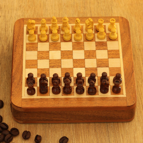 Hand Carved Wood Mini Travel Chess Set 'Traveling with Royalty' Hand Carved Wood Mini Travel Chess Set 'Traveling with Royalty'