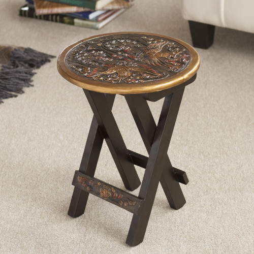 Unique Wood Leather Brown Accent Folding Table 'Bird of Paradise'