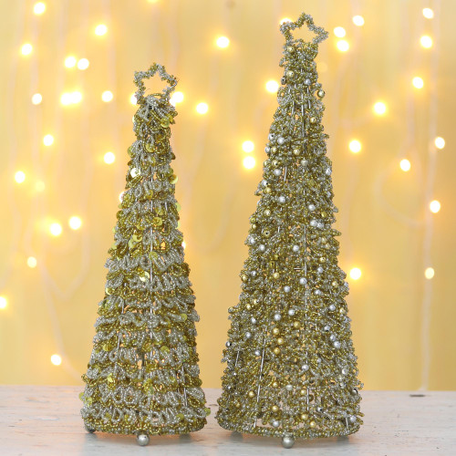 Glass Beaded Christmas Tree Holiday Decor Pair 'Sparkling Glow'