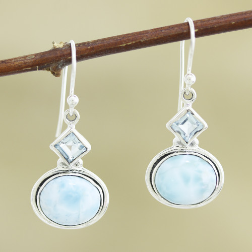 Larimar and Blue Topaz Sterling Silver Dangle Earrings 'New Delhi Sky'