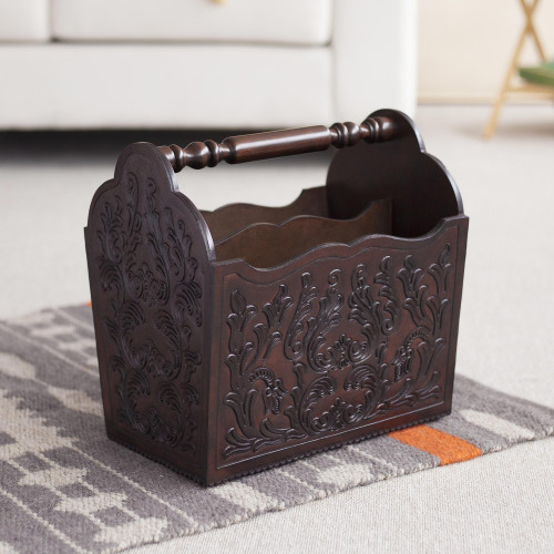 Wood And Leather Hand Tooled Magazine Rack 'Colonial Splendor'