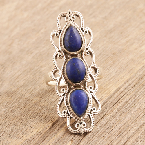 Handmade Lapis Lazuli and Sterling Silver Cocktail Ring 'Triple Threat'