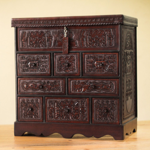 Colonial Wood Leather Jewelry Box and Decorative Chest 'Ancient Legacy'