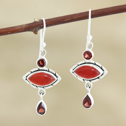 Garnet and Carnelian Sterling Silver Dangle Earrings 'Red Fusion'