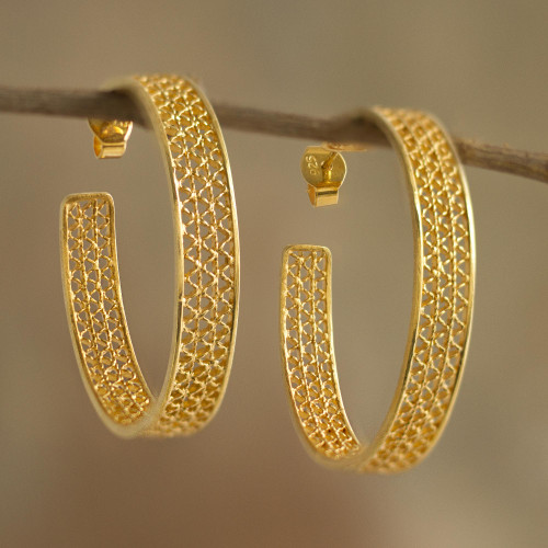 Gold Plated Silver Filigree Half-Hoop Earrings from Peru 'Colonial Intricacy'
