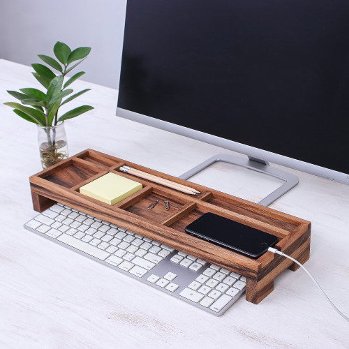 Hand Crafted Raintree Wood Desk Organizer 'Smarty Pants'