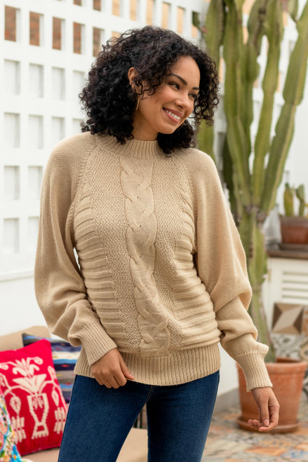 Braided Detail Crew Neck Alpaca Blend Sweater from Peru 'Braided Beige'