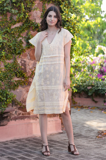 Hand Made Embroidered Yellow Cotton Shift Dress 'Paisley Garden in Yellow'