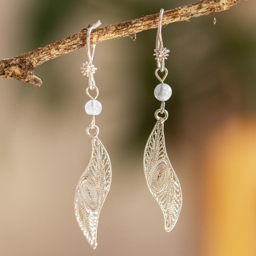 Mexican Sterling Silver Filigree Dangle Earrings 'Moon Leaf'