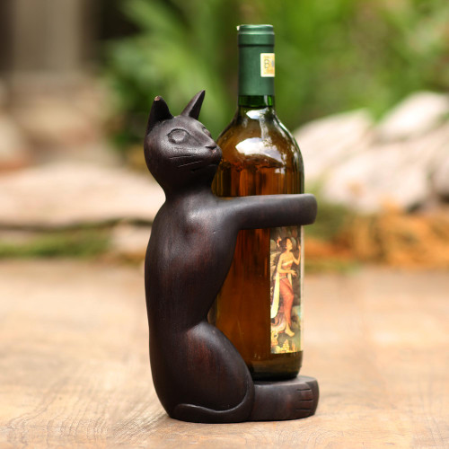 Hand Crafted Suar Wood Cat Wine Holder 'Black Cat Hug'