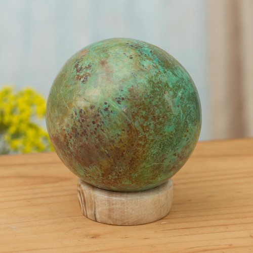 Hand Carved Chrysocolla Sphere Sculpture on Calcite Base 'Earth's Majesty'