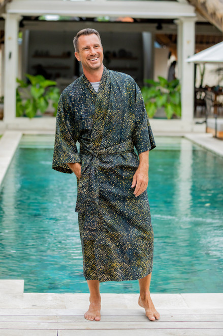 Men's Dark Blue and Yellow Batik Cotton Robe from Bali 'Star Quest' Men's Dark Blue and Yellow Batik Cotton Robe from Bali 'Star Quest'