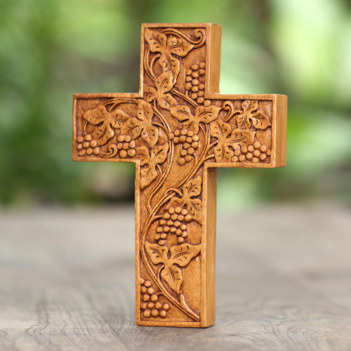 Engraved Suar Wood Wall Cross from Bali 'Grape Leaves'
