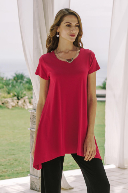 Short Sleeve Modal Long Tunic from Bali 'Blooming Orchid'