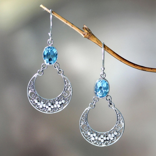 Unique Sterling Silver and Blue Topaz Dangle Earrings 'Sumatra Moons'