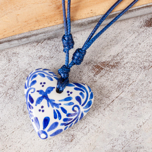 Talavera Style Blue  White Bird Papier Mache Heart Necklace 'Blue Talavera'