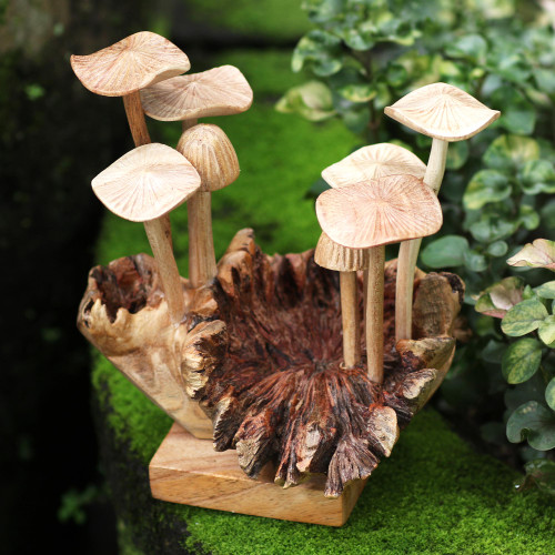 Handmade Jempinis and Benalu Wood Mushroom Sculpture 'Mushroom Season'