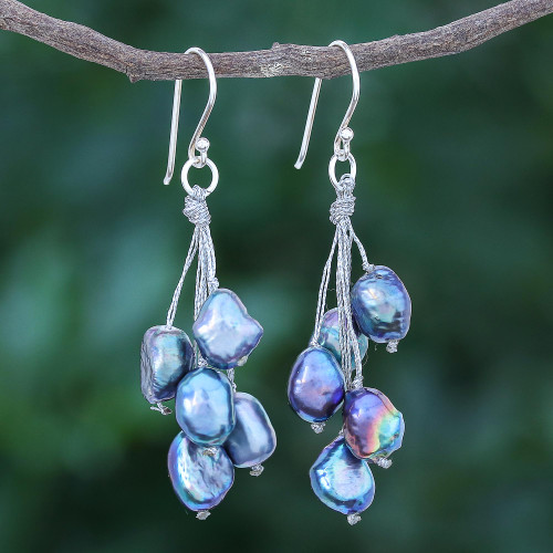 Hand Crafted Cultured Freshwater Pearl Dangle Earrings 'Mystic Pearl in Blue'