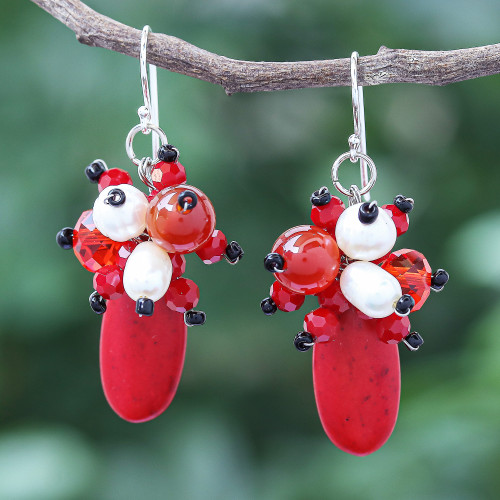 Carnelian and Cultured Freshwater Pearl Dangle Earrings 'Space Candy in Red'