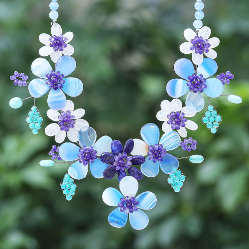 Hand Crafted Lapis Lazuli and Agate Statement Necklace 'Flower Bed in Blue'