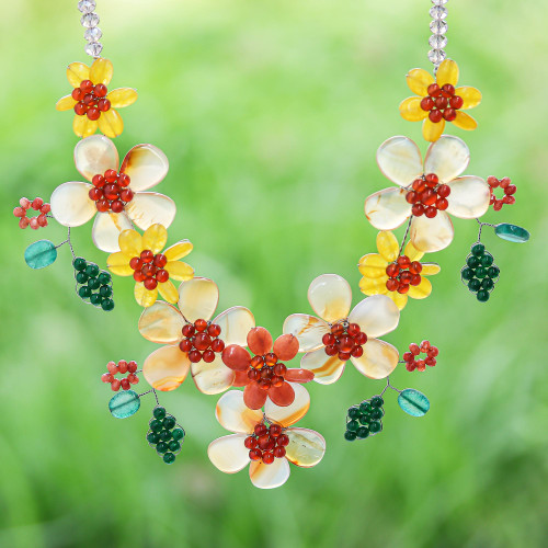 Hand Threaded Carnelian and Agate Statement Necklace 'Flower Bed in Orange'