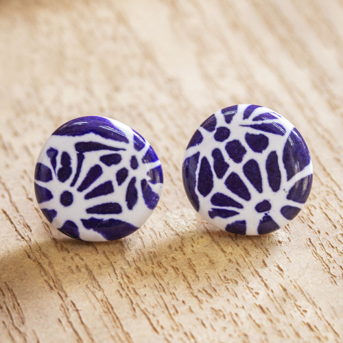 Blue and White Ceramic Talavera Style Floral Button Earrings 'Blue Puebla Blossoms'