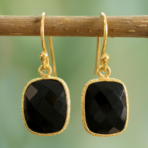 Handmade Gold Vermeil and Black Onyx Dangle Earrings India 'Mughal Nights'