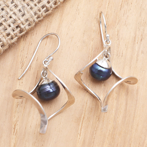 Blue Cultured Pearl and Sterling Silver Dangle Earrings 'Bluest Depths'